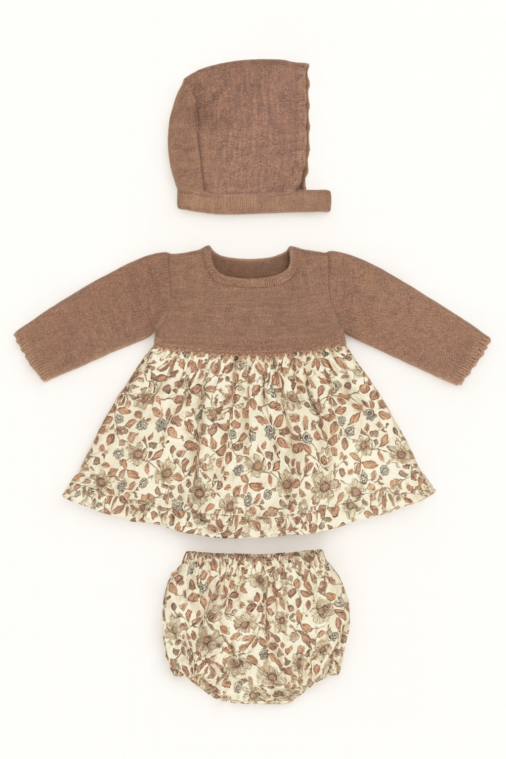 Camila 3-Piece Baby Outfit - Brown-Pink Knit with Floral Dress & Bloomers