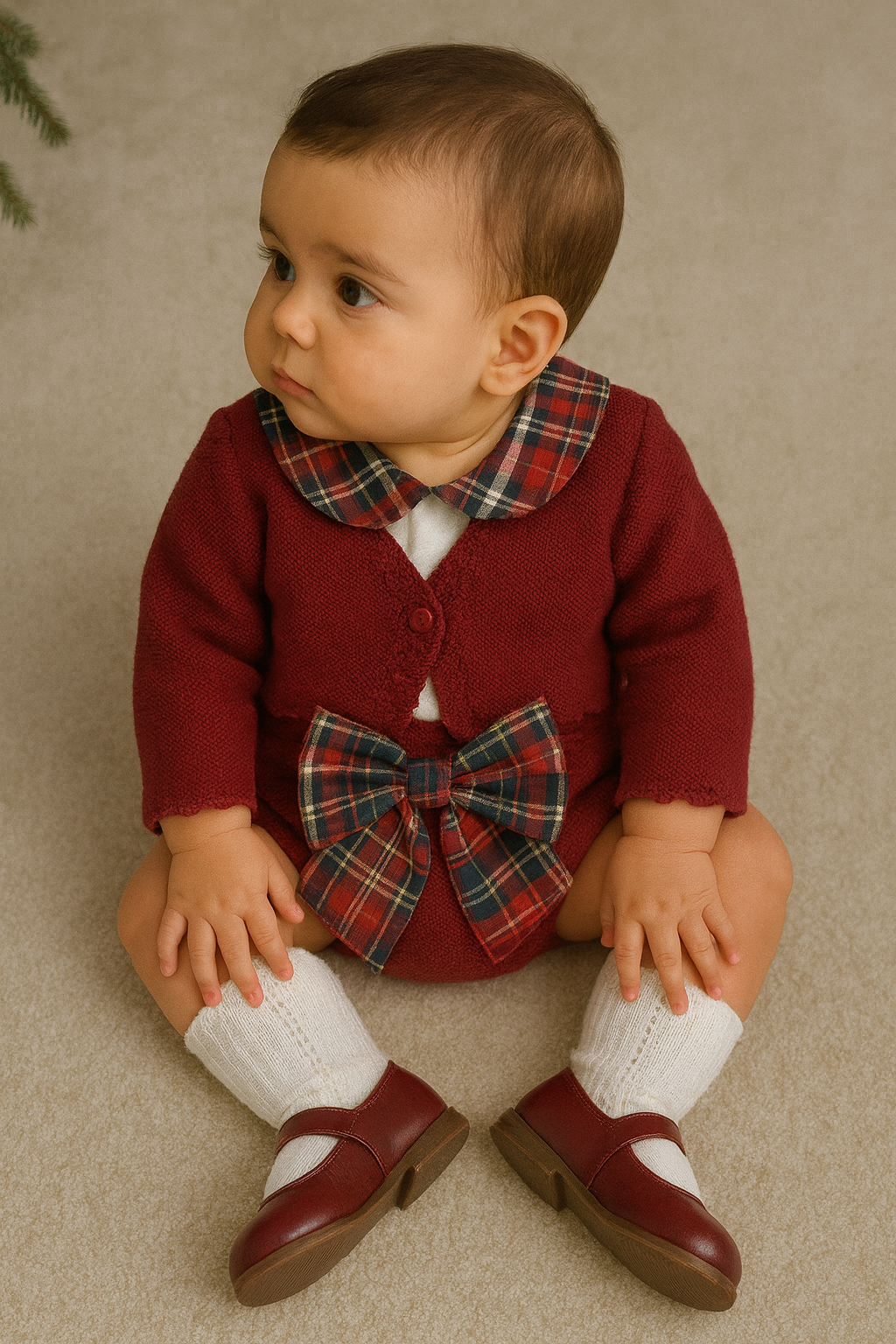 Estrela Festive Baby Set - Red Knit & Tartan Bow
