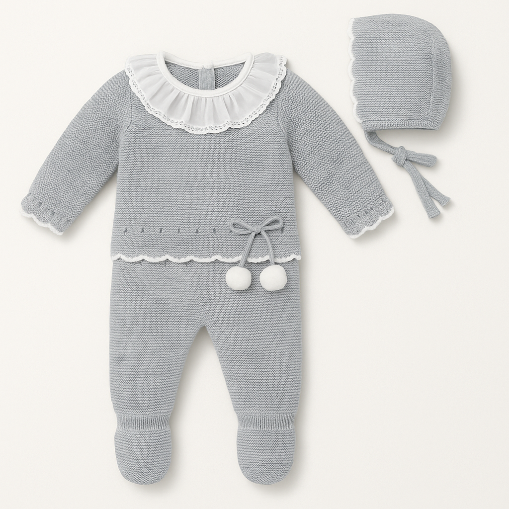 Porto Grey Knitted Baby Set - Pom Poms, Frill Collar & Bonnet