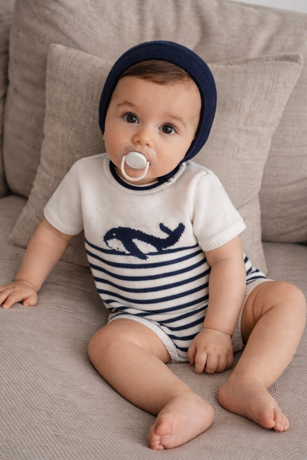 Costa Baby Knit Romper - Off-White & Navy with Bonnet