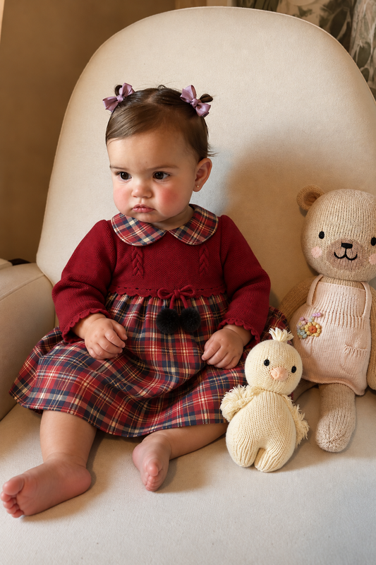 Navidad Festive Baby Dress - Red Knit & Tartan Skirt