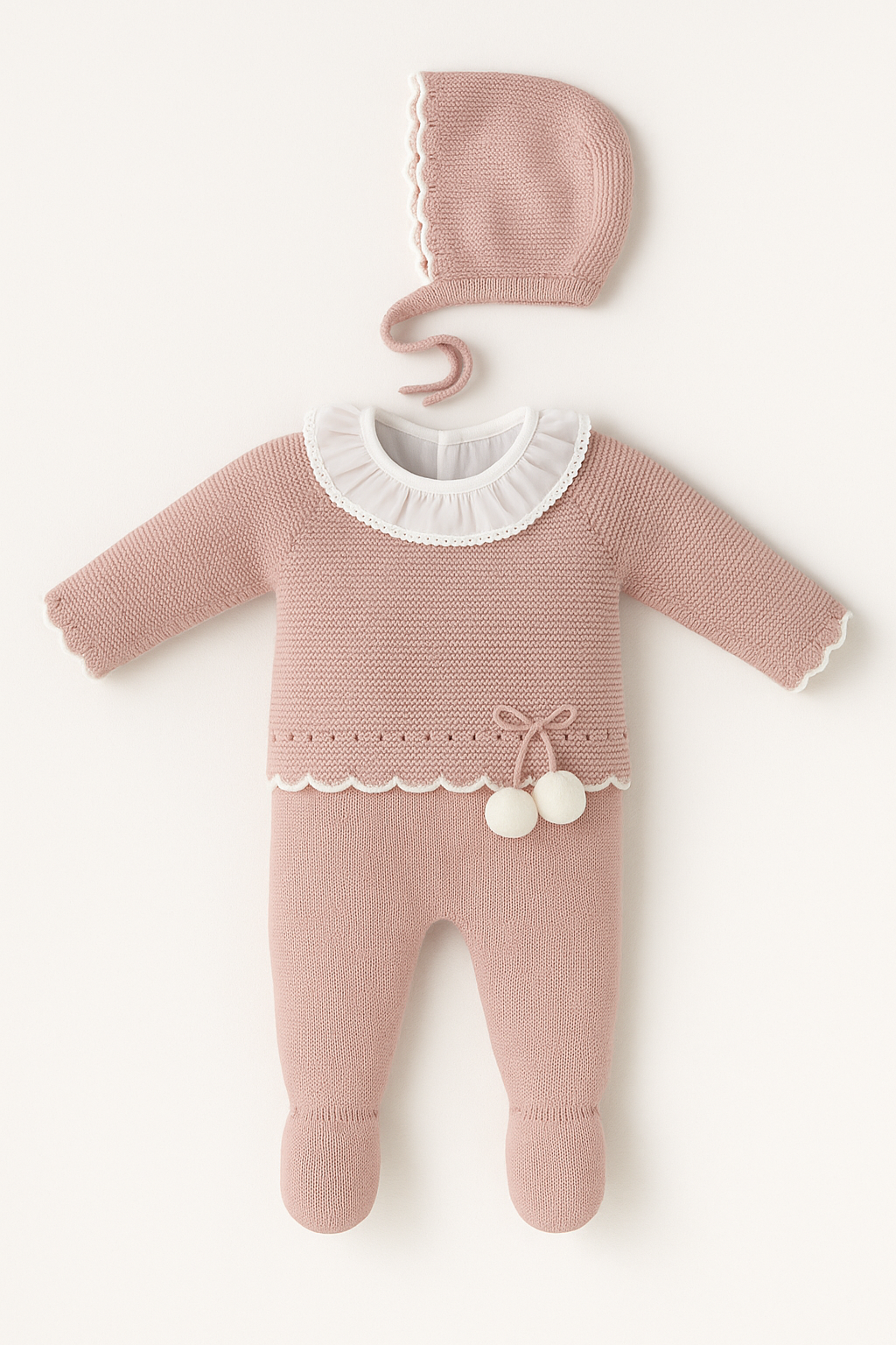 Amelia Pink Knitted Baby Set - Frill Collar, Pom Poms & Bonnet