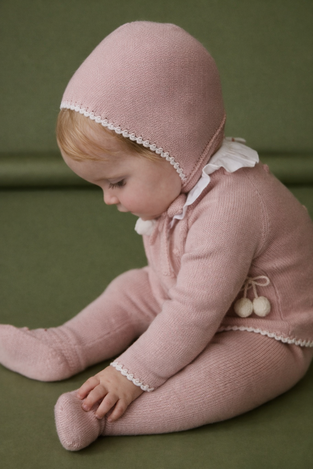 Amelia Pink Knitted Baby Set - Frill Collar, Pom Poms & Bonnet