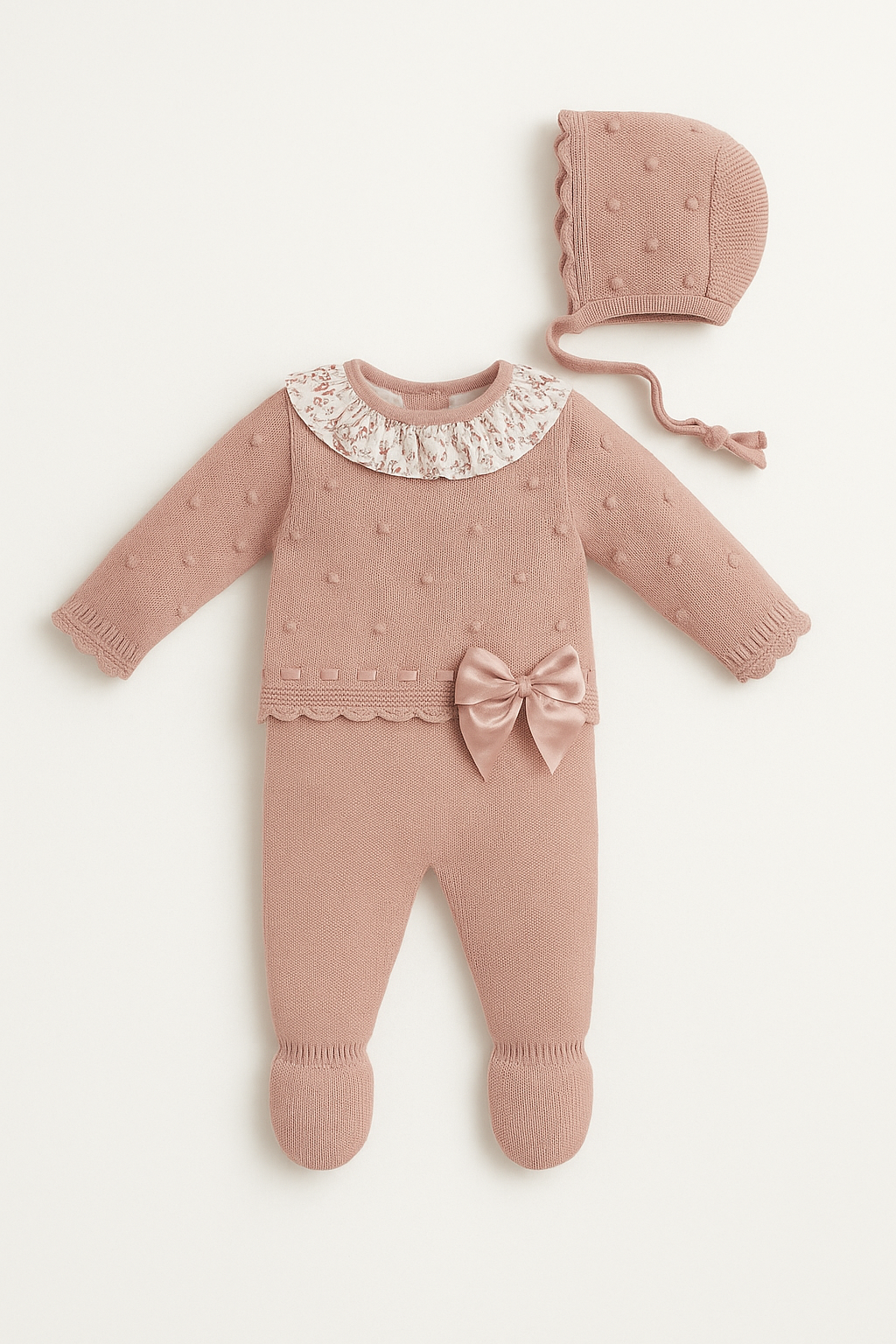 Aurora - Rose Knit Baby Set with Bonnet & Bow