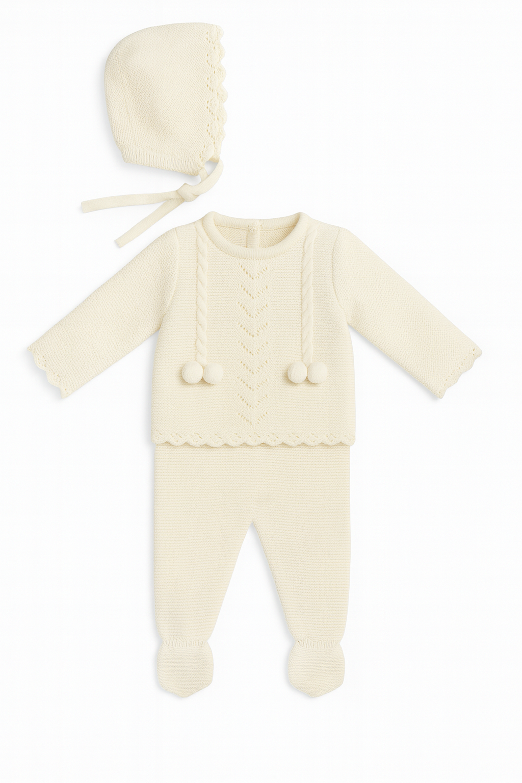 Beijo Baby Set - Cream White Knit with Pom-Poms & Bonnet