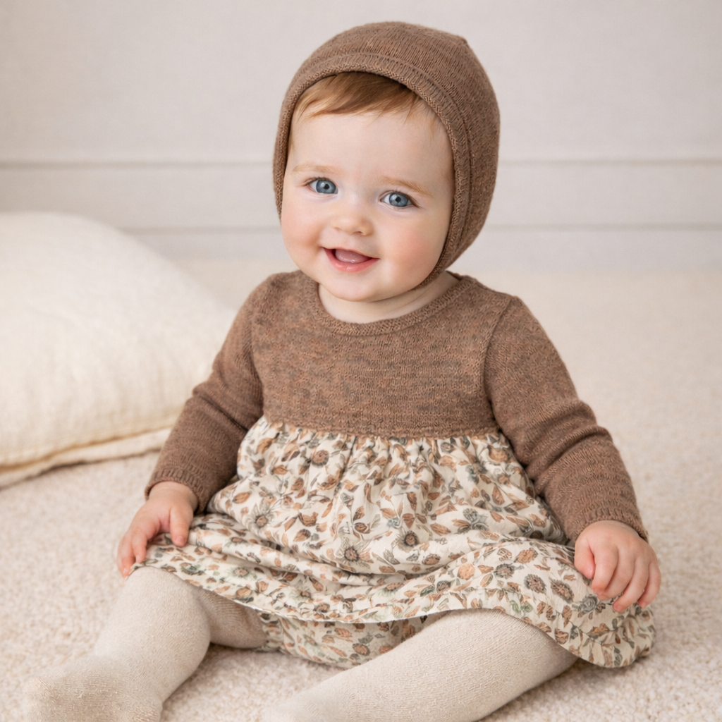 Camila 3-Piece Baby Outfit - Brown-Pink Knit with Floral Dress & Bloomers