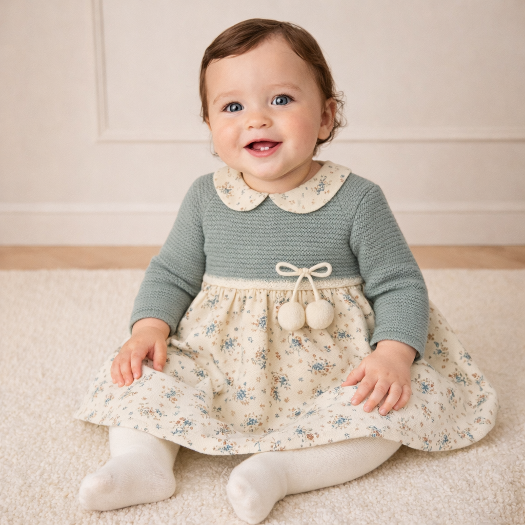 Celeste Baby Dress - Blue Knit & Layered Floral Cotton