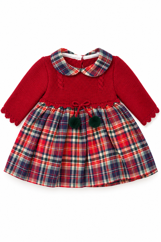 Navidad Festive Baby Dress - Red Knit & Tartan Skirt