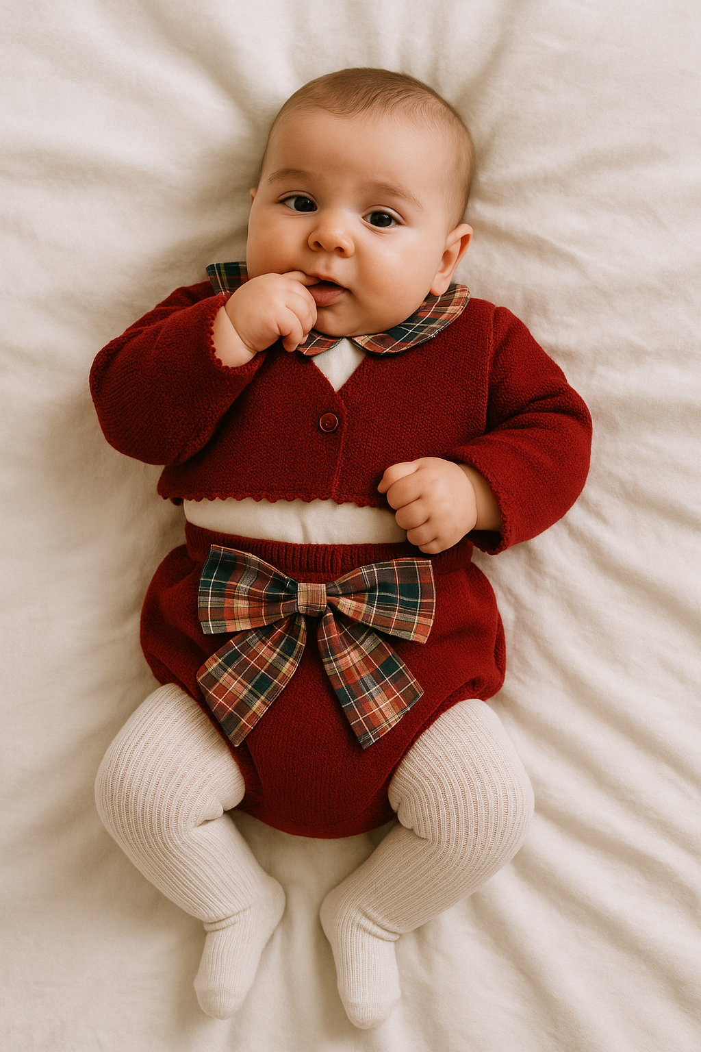 Estrela Festive Baby Set - Red Knit & Tartan Bow