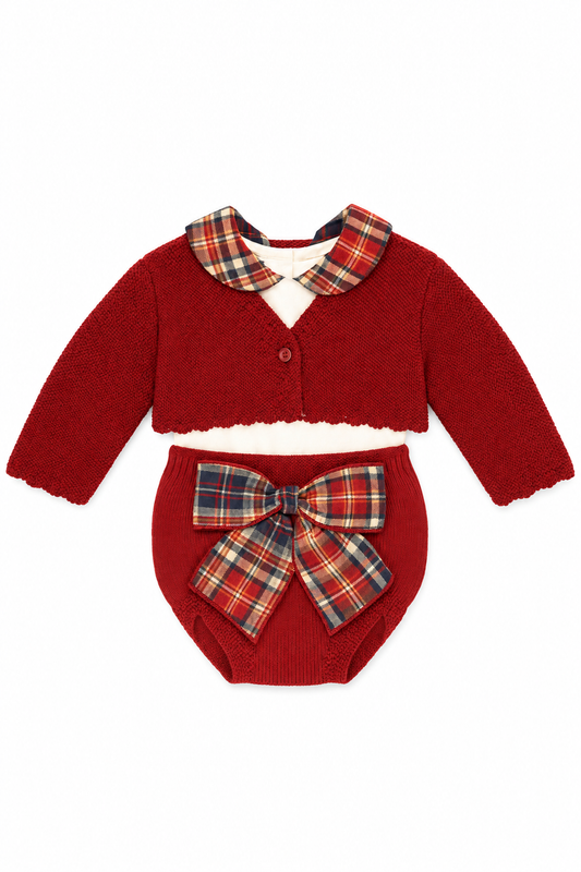 A baby three-piece knit outfit set in deep red, featuring a long-sleeve cardigan with a plaid Peter Pan collar and matching red knit bloomers with a large plaid bow, shown on a plain white background.