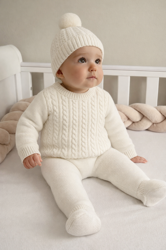 Neve - Cream Cable Knit Three-Piece Baby Set