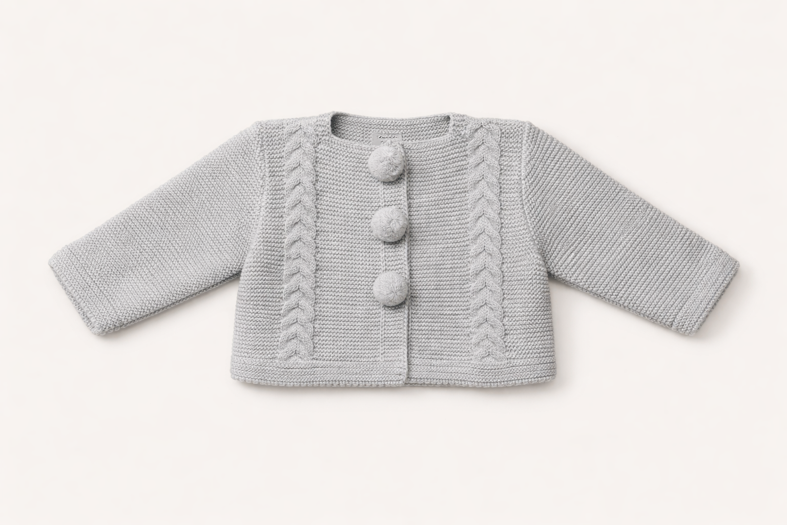 Nube - Light Grey Knit Baby Cardigan with Pom-Pom Buttons