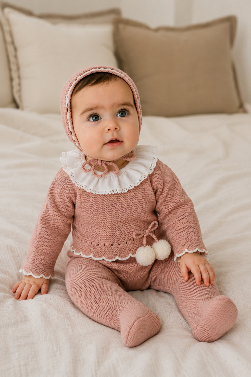 Amelia Pink Knitted Baby Set - Frill Collar, Pom Poms & Bonnet