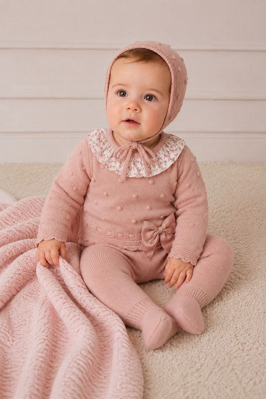 Aurora - Rose Knit Baby Set with Bonnet & Bow