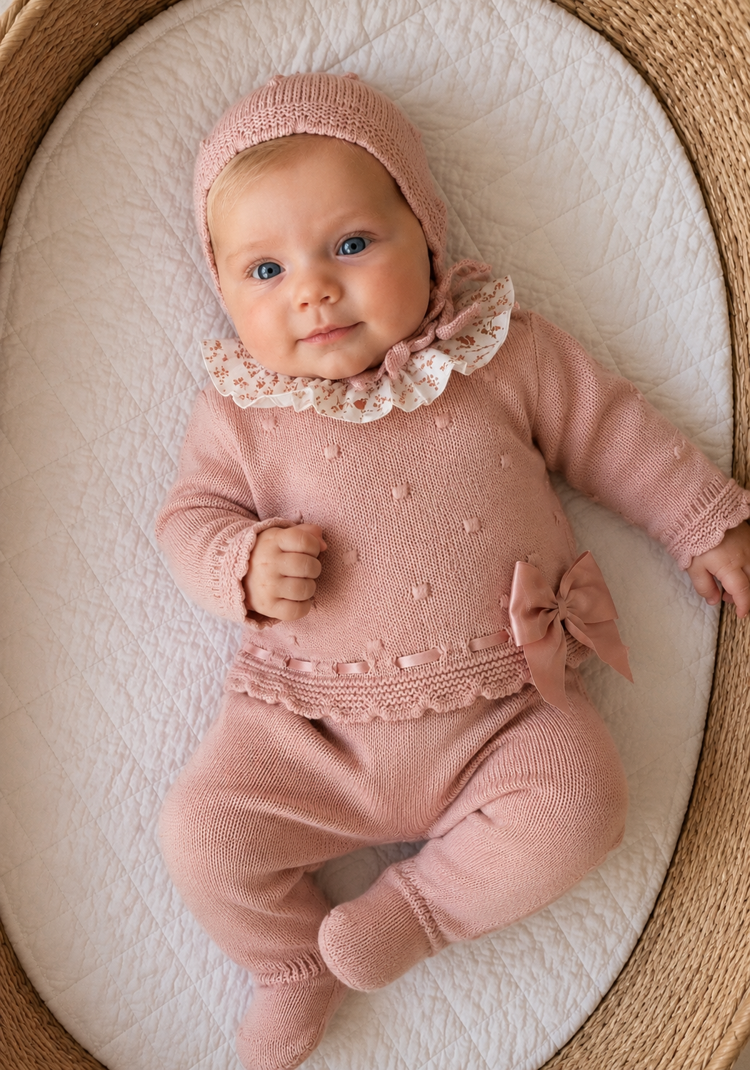 Aurora - Rose Knit Baby Set with Bonnet & Bow