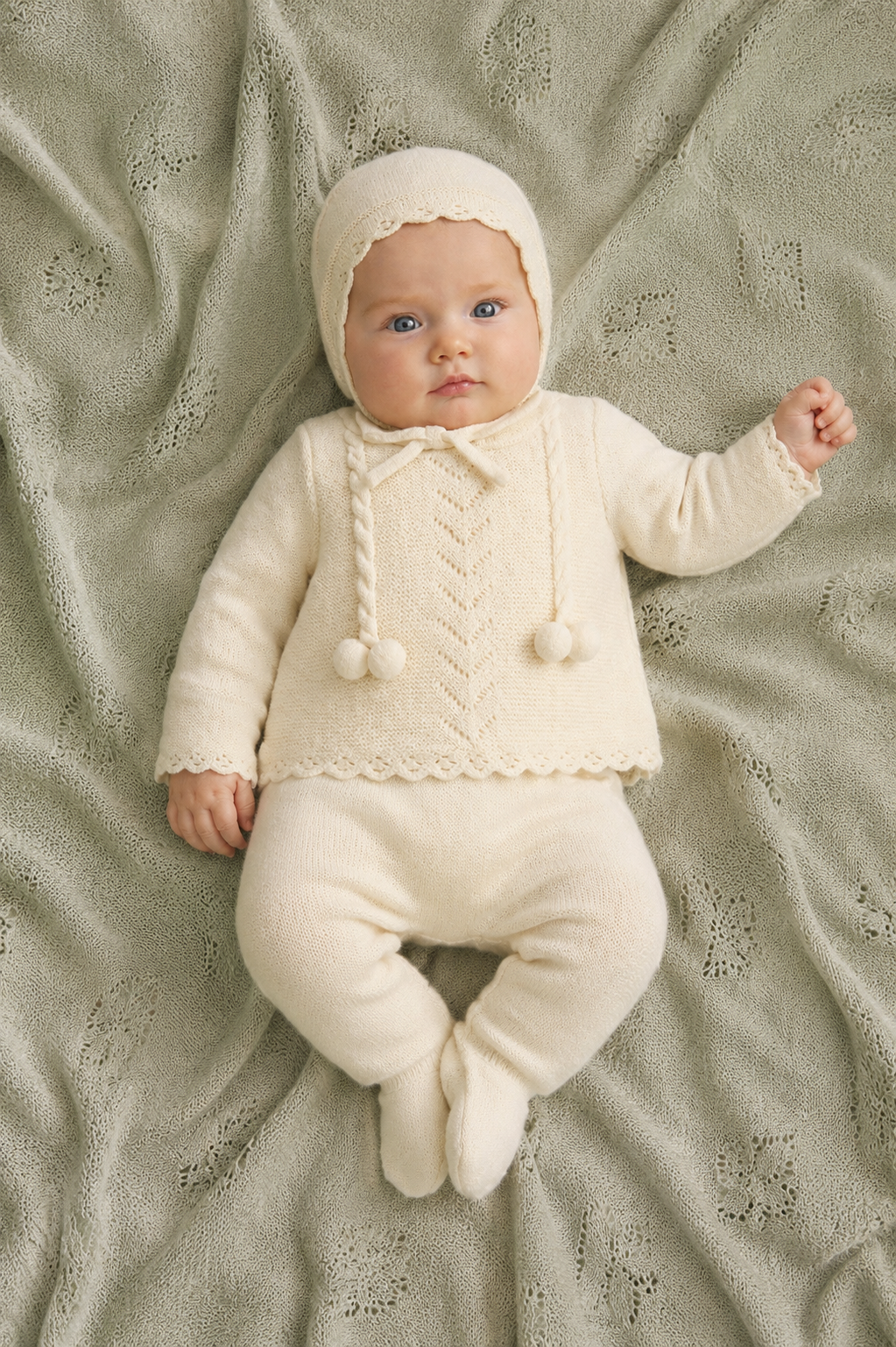 Beijo Baby Set - Cream White Knit with Pom-Poms & Bonnet