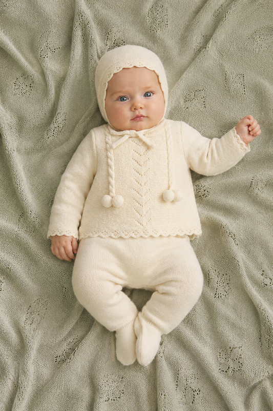 Beijo Baby Set - Cream White Knit with Pom-Poms & Bonnet