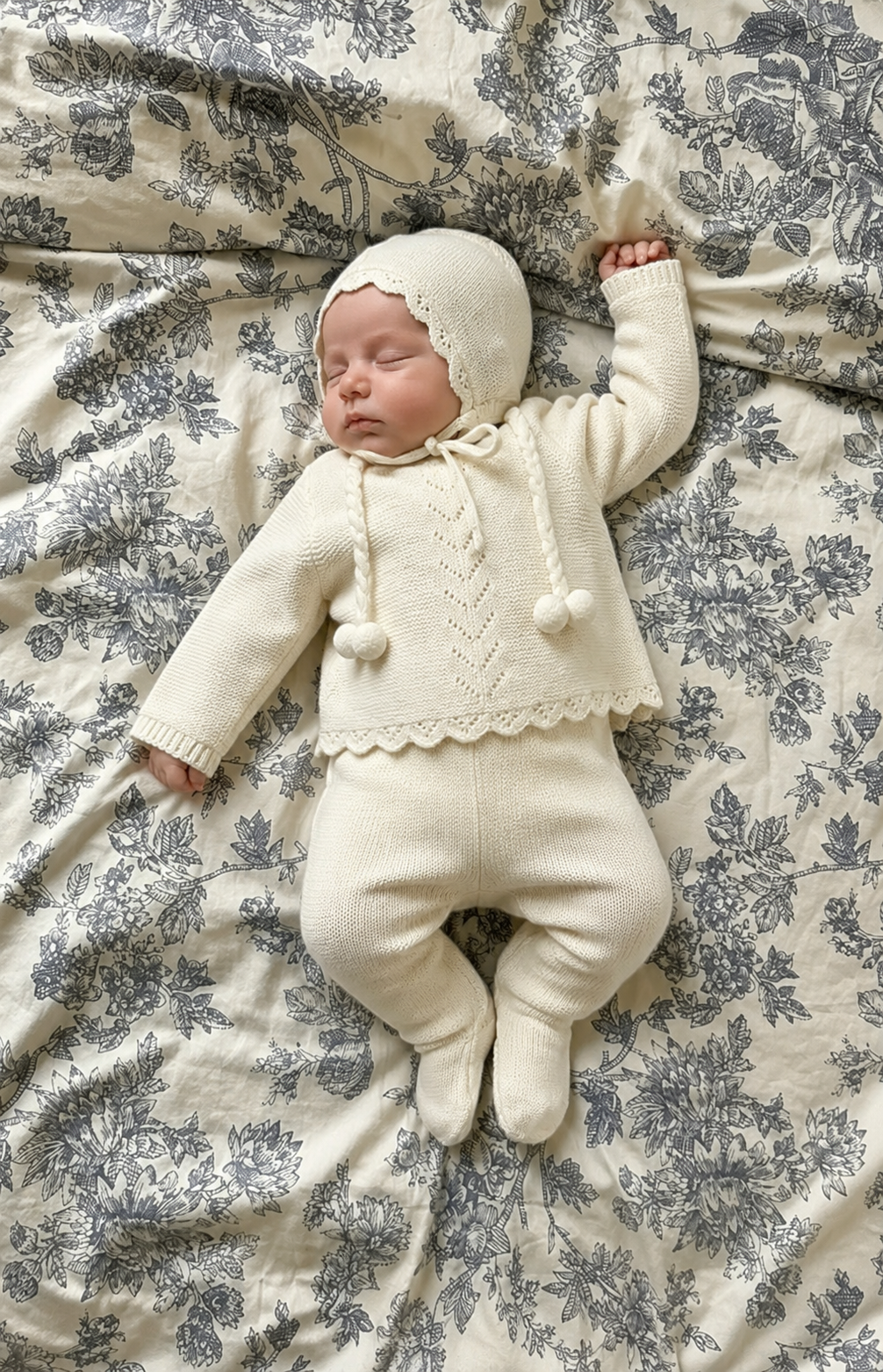Beijo Baby Set - Cream White Knit with Pom-Poms & Bonnet