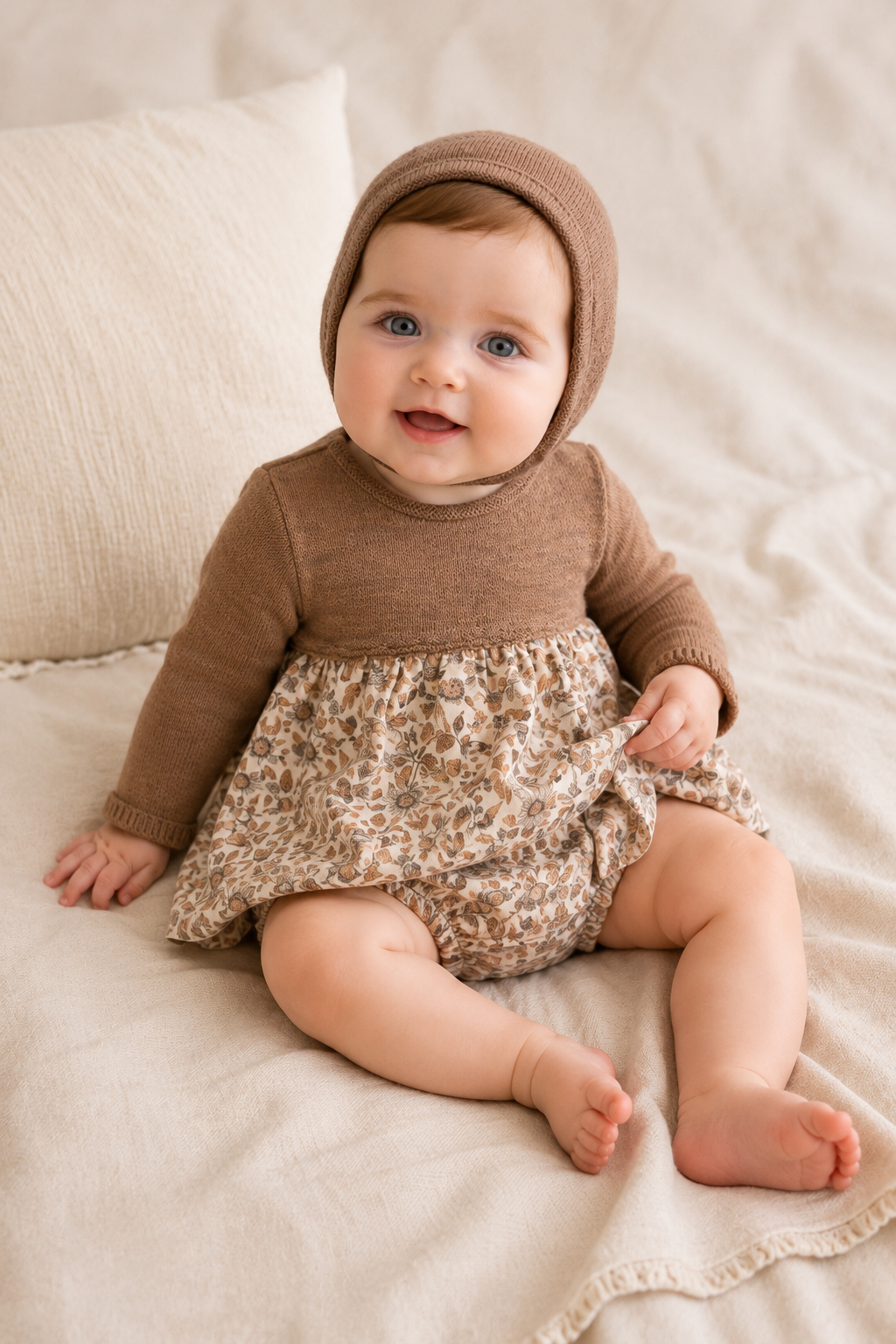Camila 3-Piece Baby Outfit - Brown-Pink Knit with Floral Dress & Bloomers