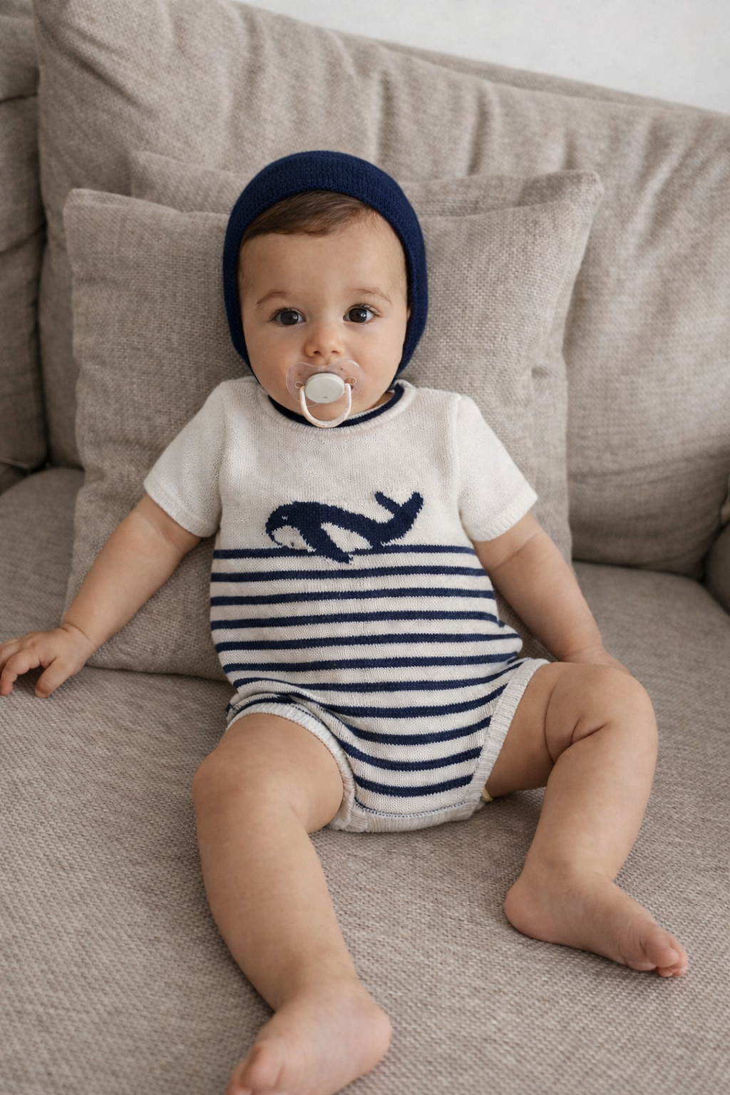 Costa Baby Knit Romper - Off-White & Navy with Bonnet