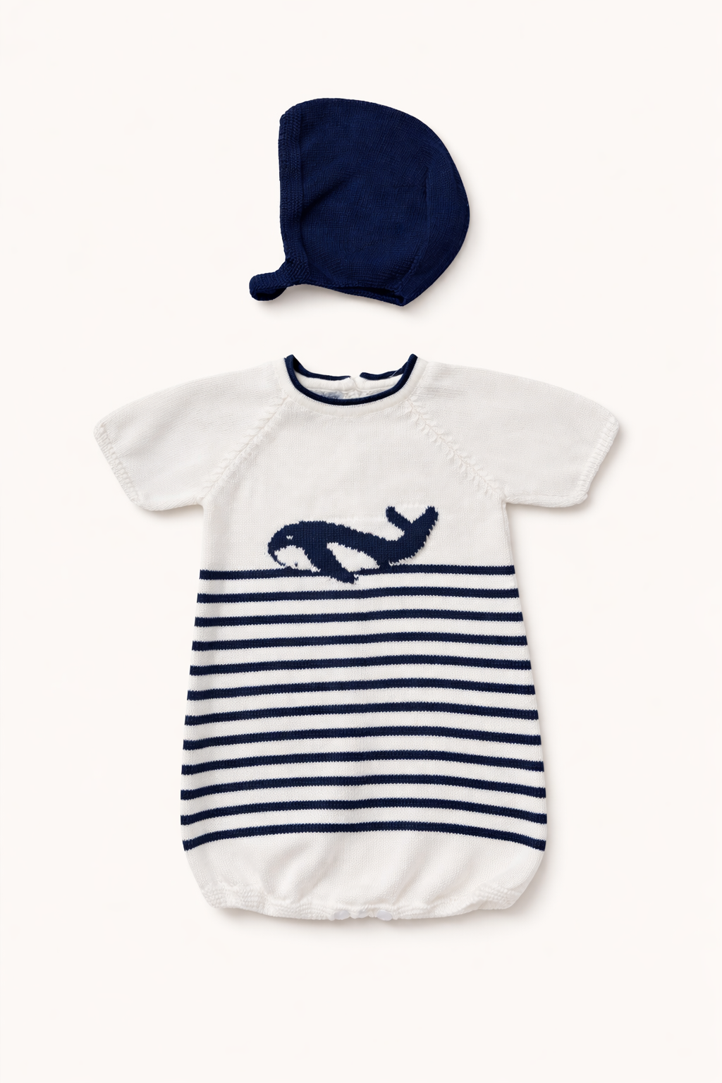 Costa Baby Knit Romper - Off-White & Navy with Bonnet