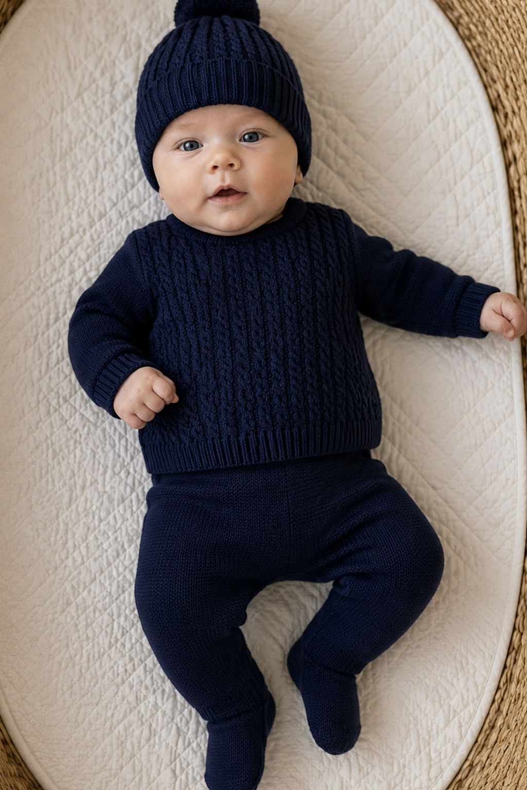 Marino - Navy Knit Baby Set with Pom-Pom Hat