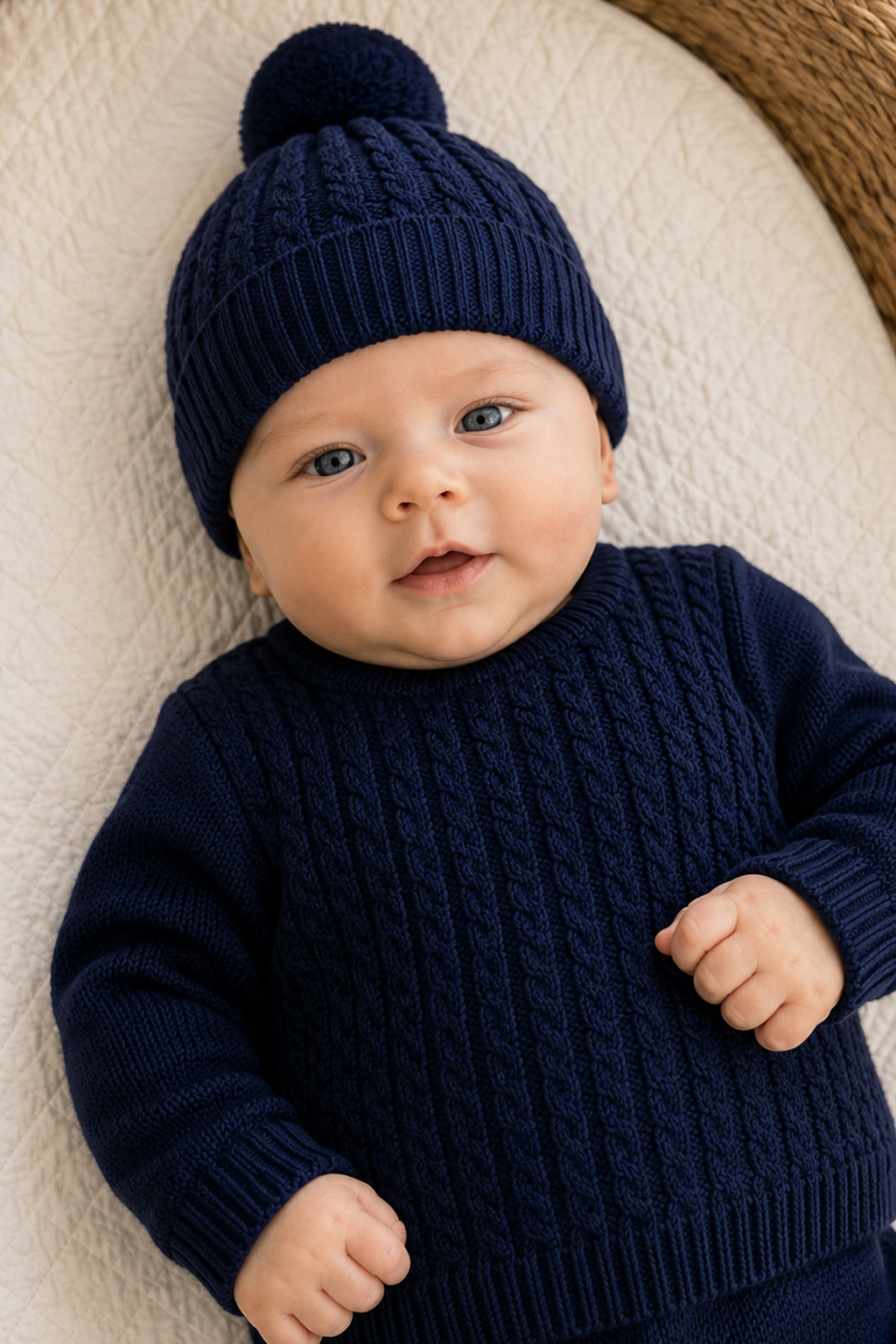 Marino - Navy Knit Baby Set with Pom-Pom Hat