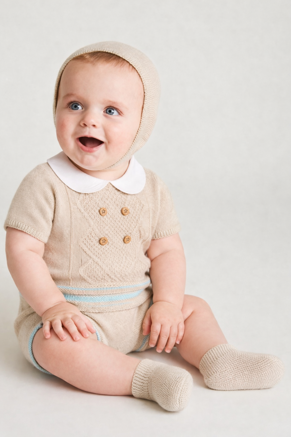 Martin Baby Knit Set - Oatmeal & Aqua with Bonnet