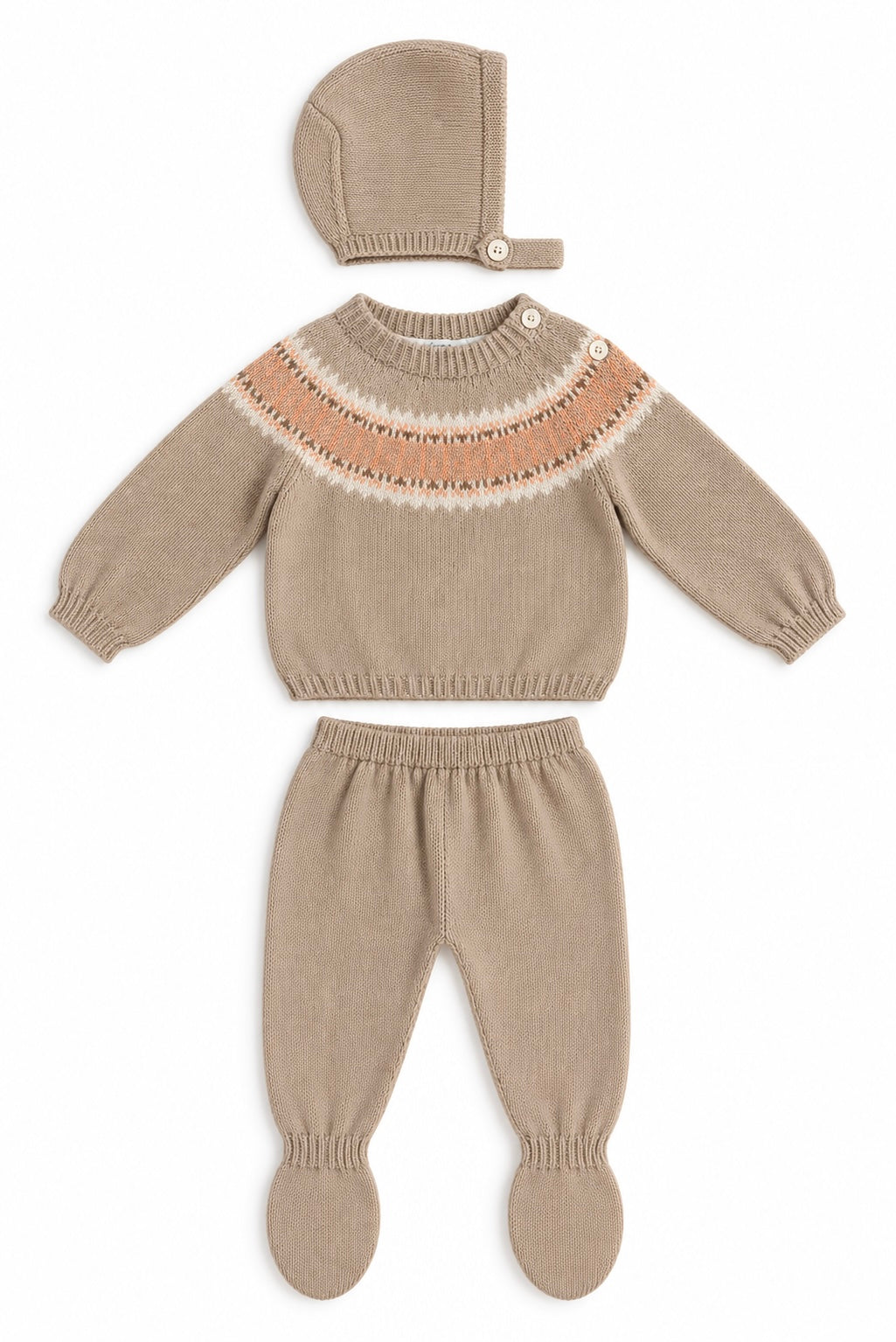 Mauro Baby Knit Set - Fair Isle Oatmeal & Orange with Bonnet