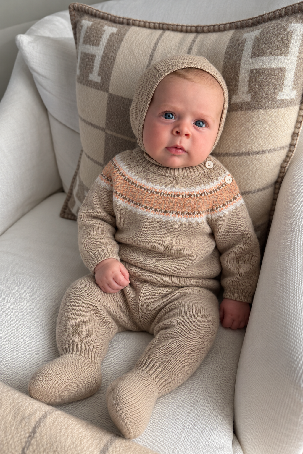 Mauro Baby Knit Set - Fair Isle Oatmeal & Orange with Bonnet