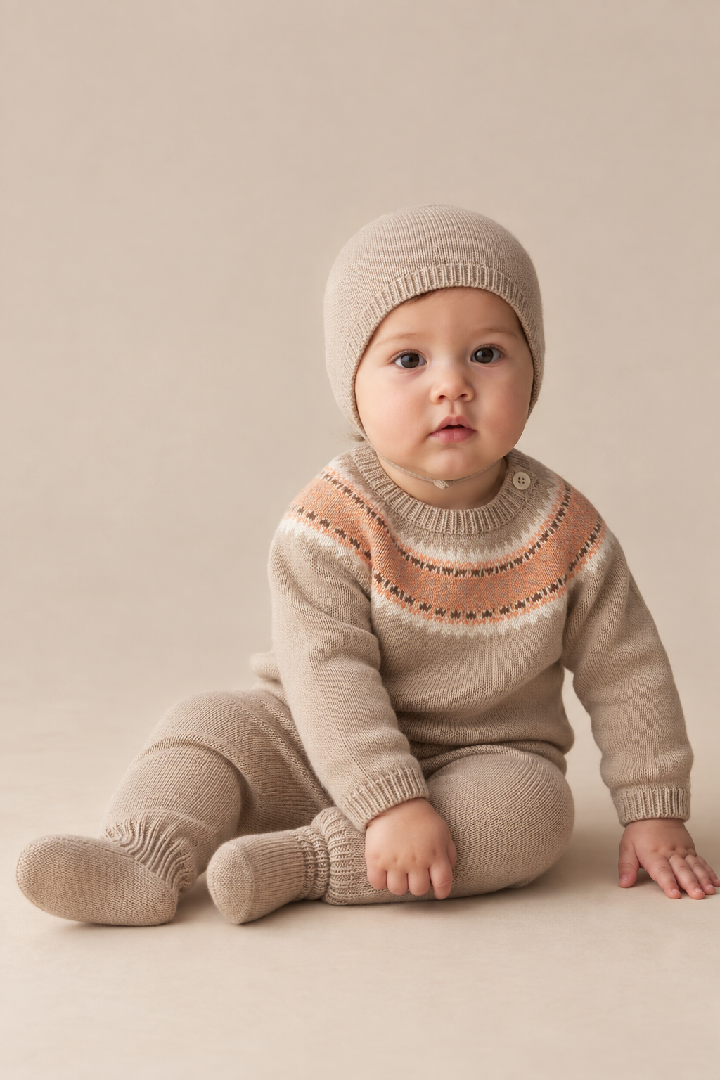 Mauro Baby Knit Set - Fair Isle Oatmeal & Orange with Bonnet