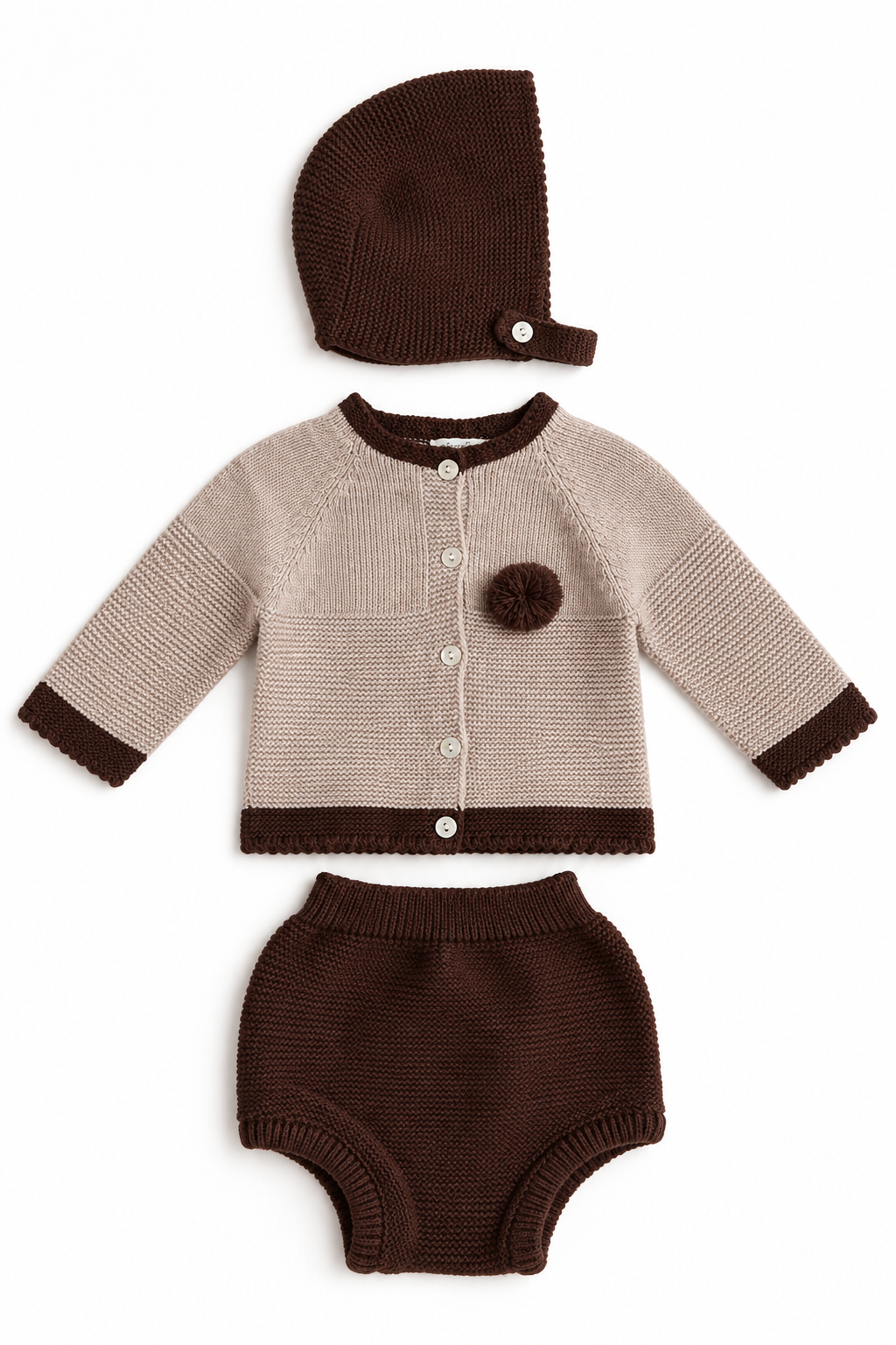 Moca Baby Knit Set - Oatmeal & Chocolate with Bonnet