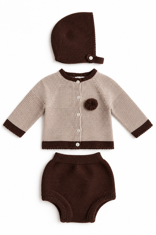 Moca Baby Knit Set - Oatmeal & Chocolate with Bonnet