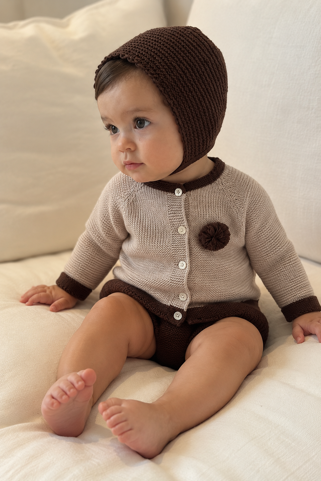 Moca Baby Knit Set - Oatmeal & Chocolate with Bonnet