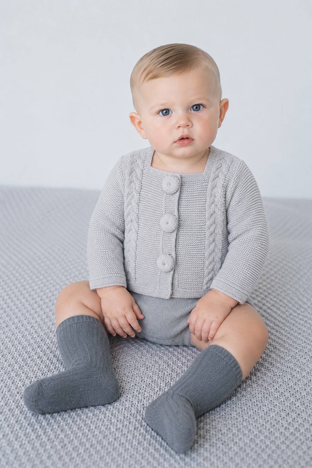 Nube - Light Grey Knit Baby Cardigan with Pom-Pom Buttons