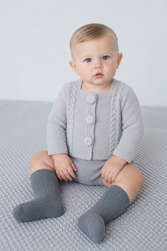 Nube - Light Grey Knit Baby Cardigan with Pom-Pom Buttons