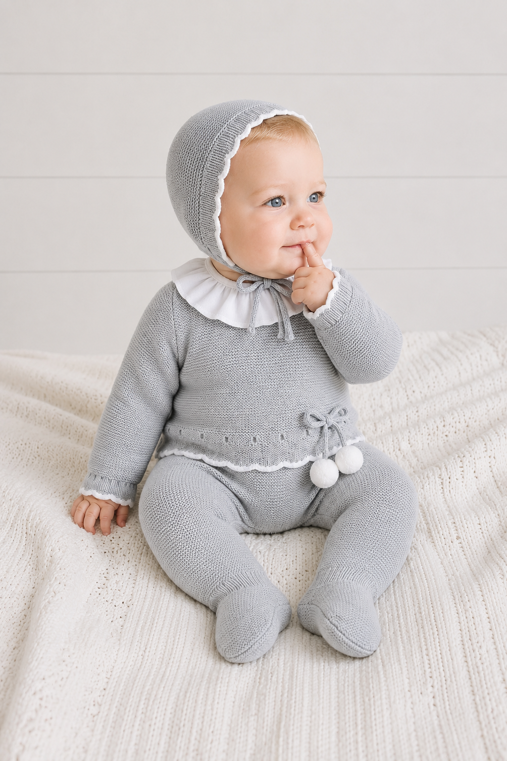 Porto Grey Knitted Baby Set - Pom Poms, Frill Collar & Bonnet