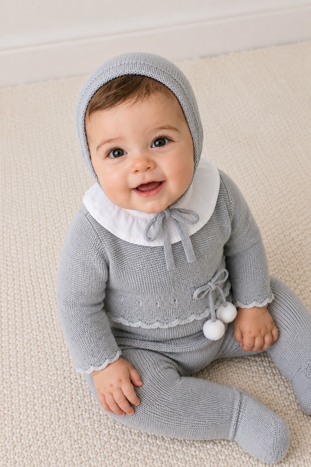 Porto Grey Knitted Baby Set - Pom Poms, Frill Collar & Bonnet