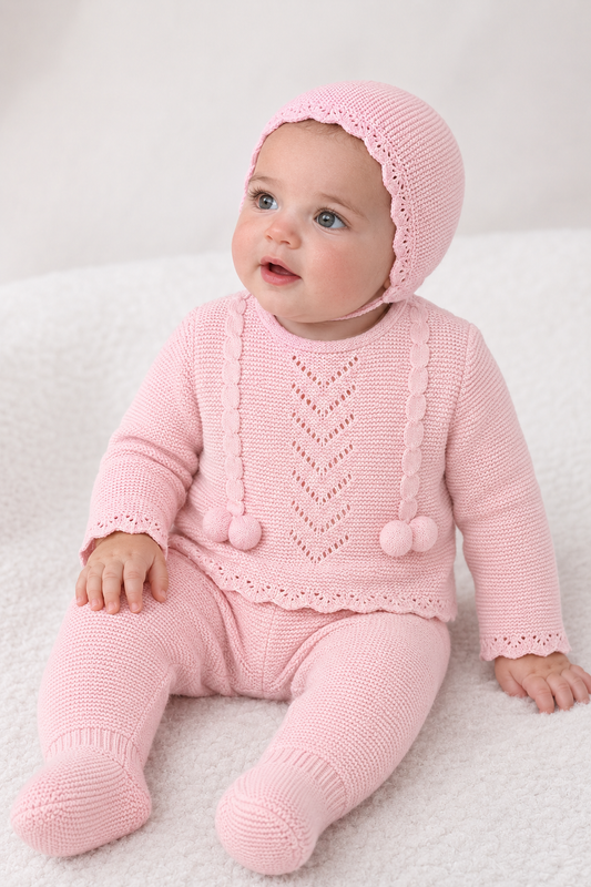 Rosa - Baby Pink Knit Three-Piece Set with Bonnet