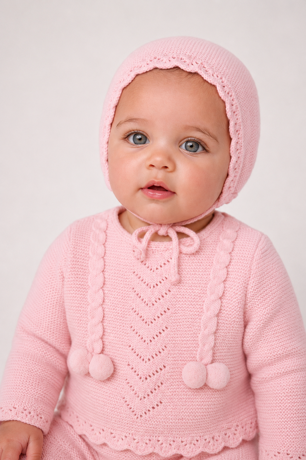 Rosa - Baby Pink Knit Three-Piece Set with Bonnet