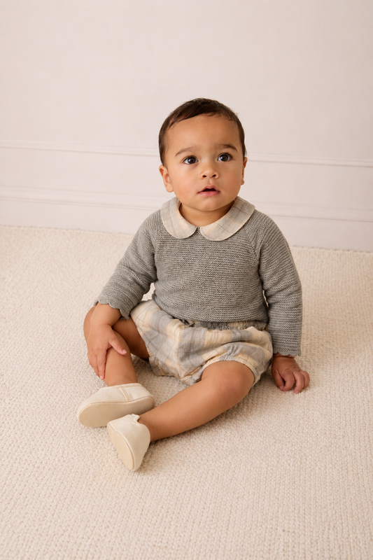 Sebastian Baby Set - Grey Knit Jumper & Checked Bloomers