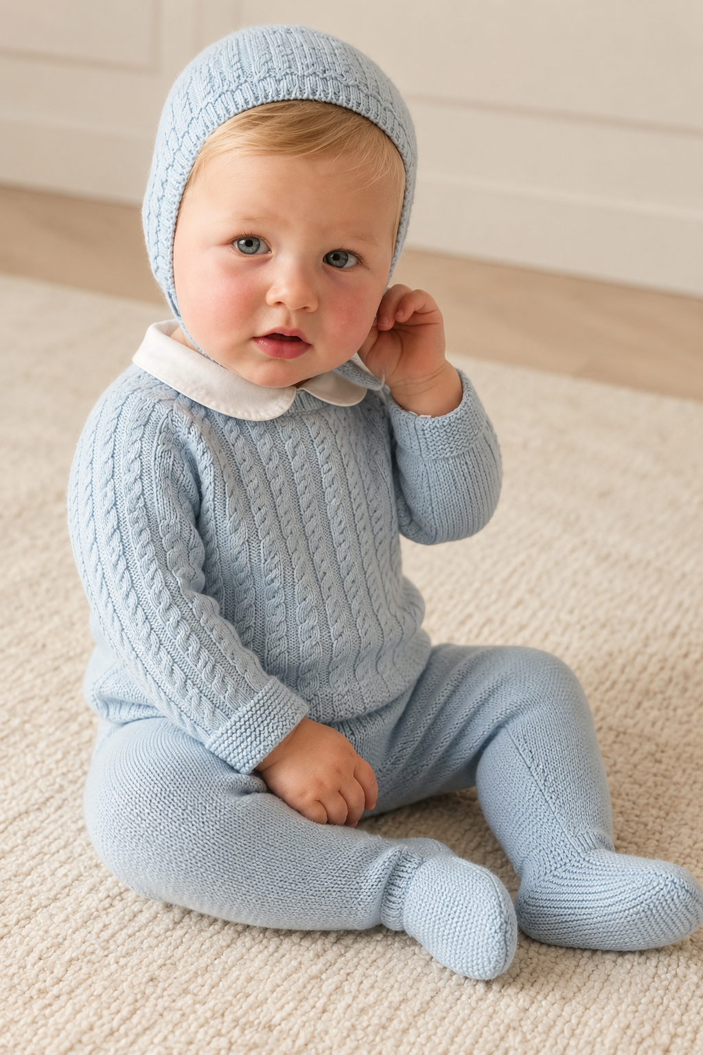 Teo Baby Knit Set - Baby Blue with Bonnet