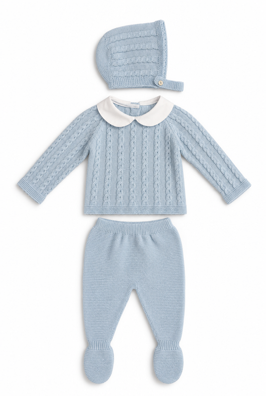 Teo Baby Knit Set - Baby Blue with Bonnet