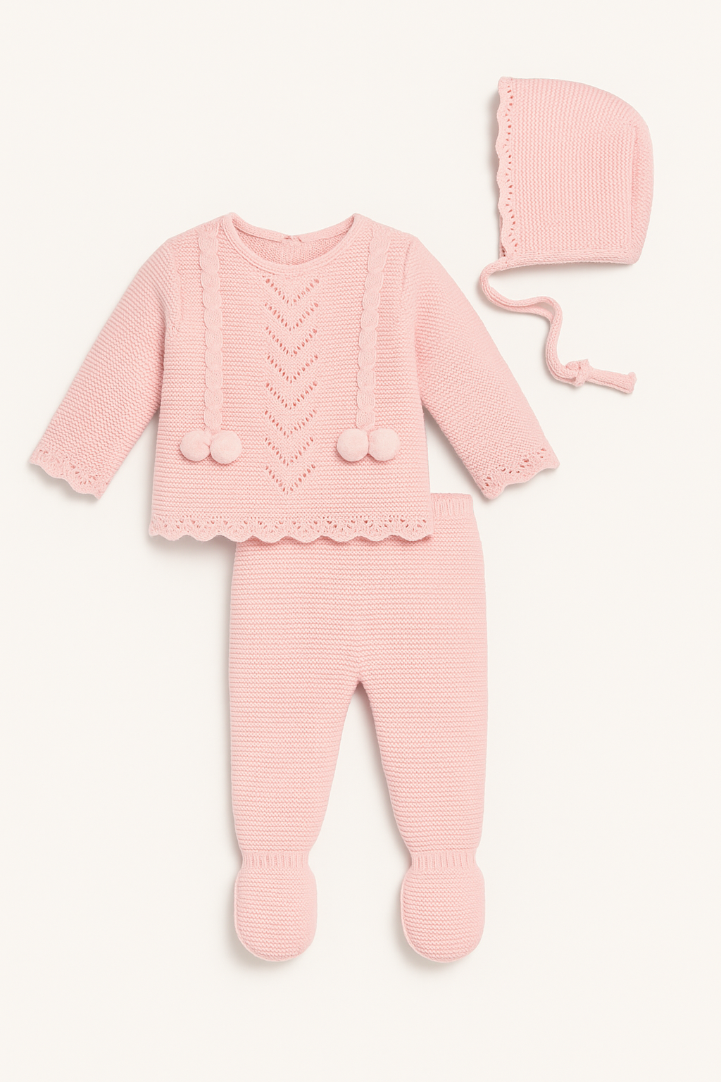 Rosa - Baby Pink Knit Three-Piece Set with Bonnet