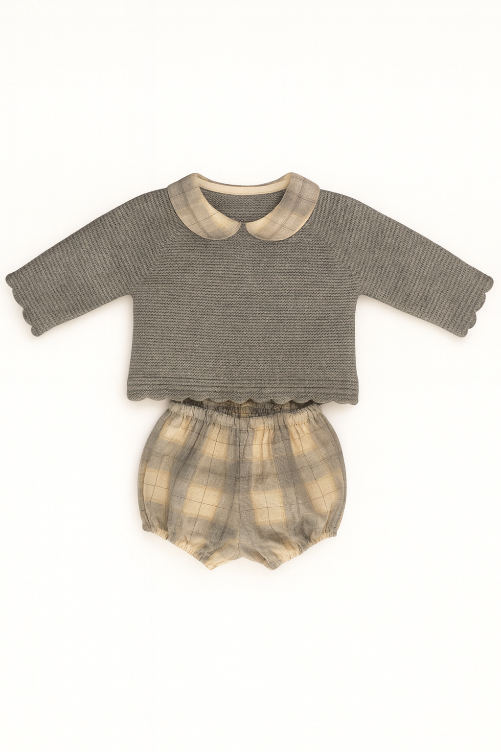 Sebastian Baby Set - Grey Knit Jumper & Checked Bloomers