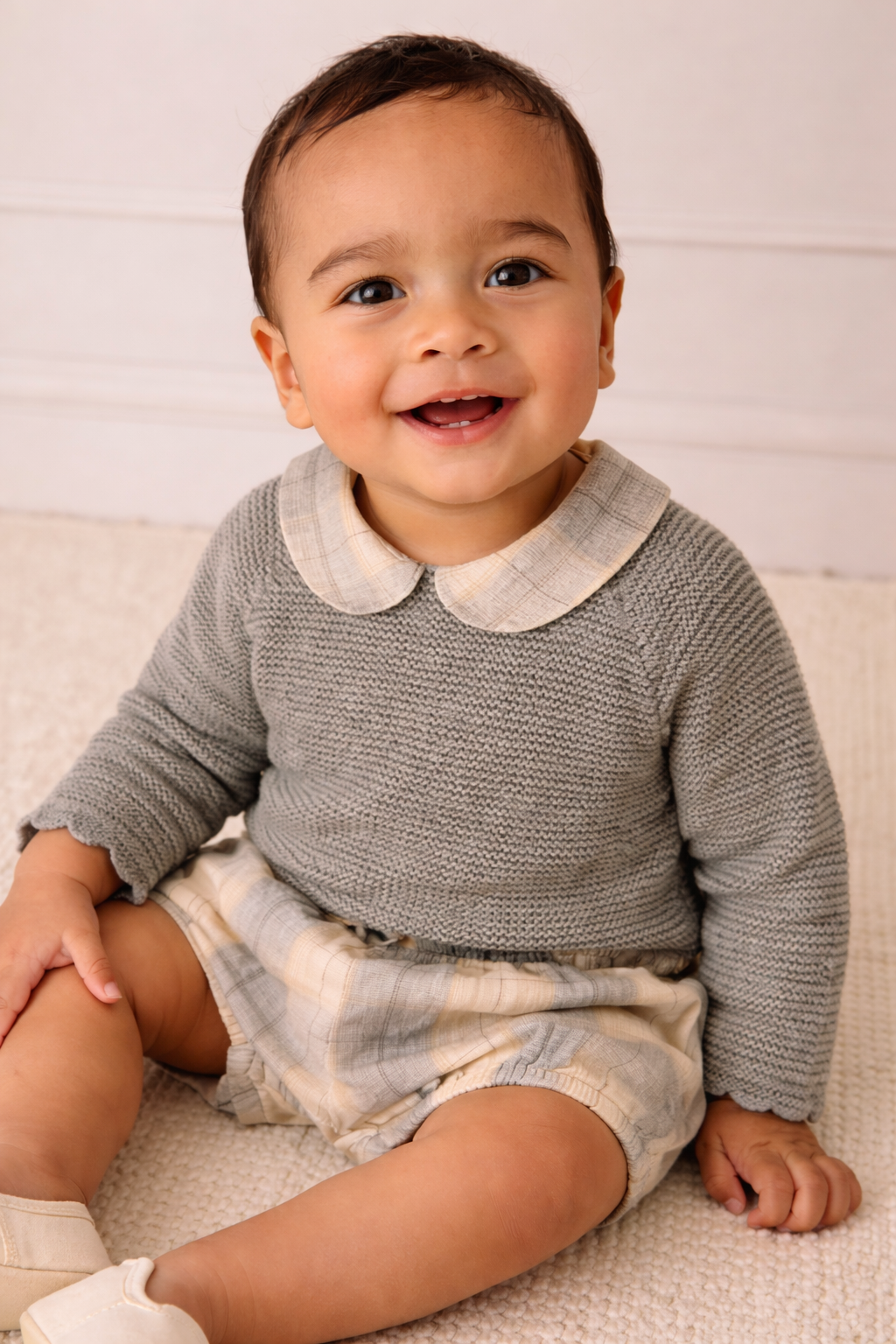 Sebastian Baby Set - Grey Knit Jumper & Checked Bloomers