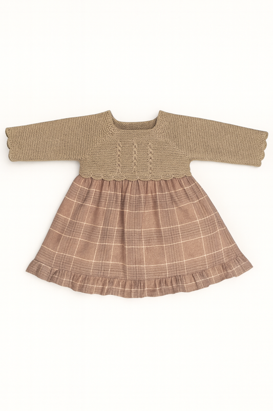 Teresa Plaid Baby Dress - Taupe Knit & Pink Check Skirt